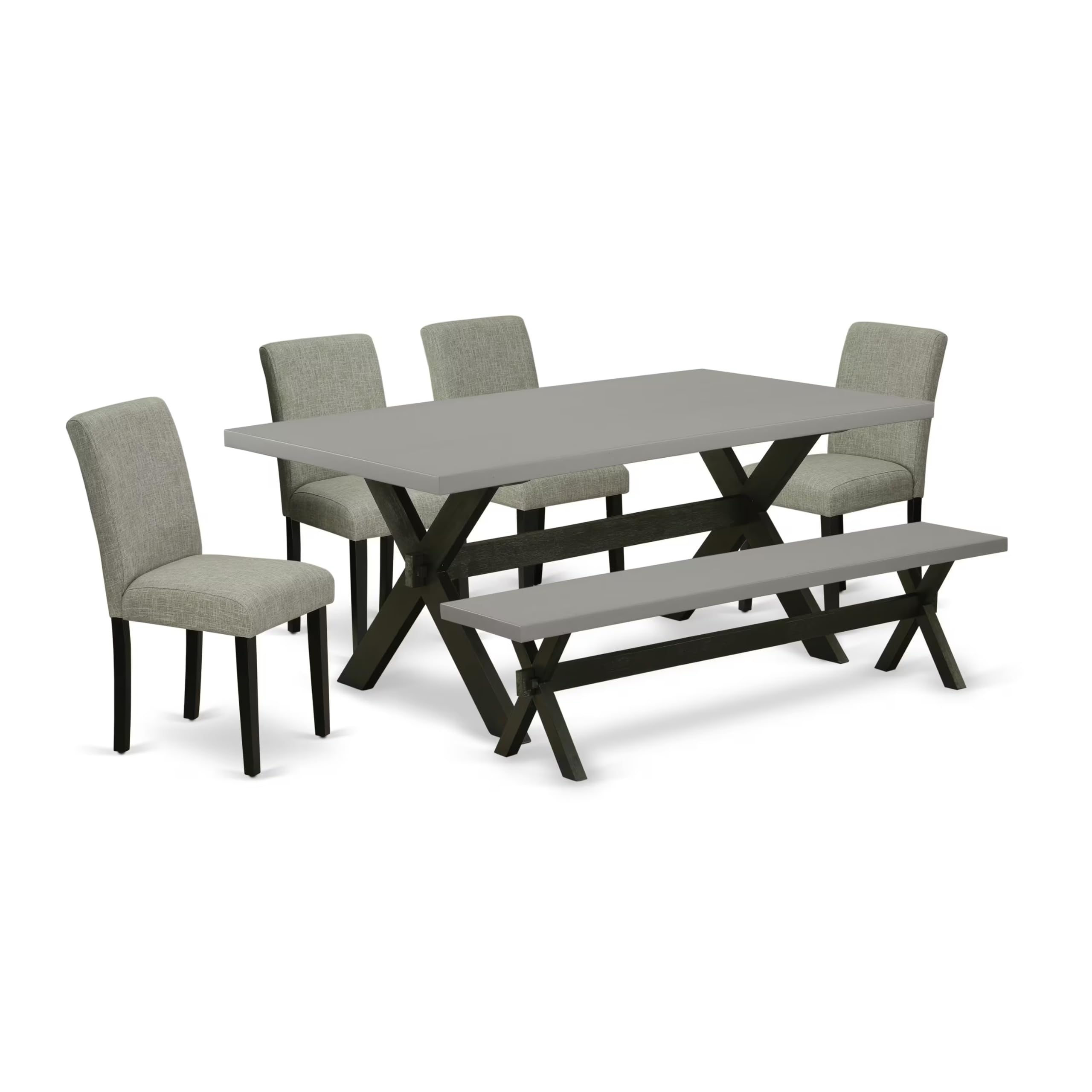 East West Furniture X697Ab106-6 6 Piece Dinette Set Contains A Rectangle Dining Table With X-Legs And 4 Shitake Linen Fabric Parson Chairs With A Bench, 40X72 Inch, Multi-Color